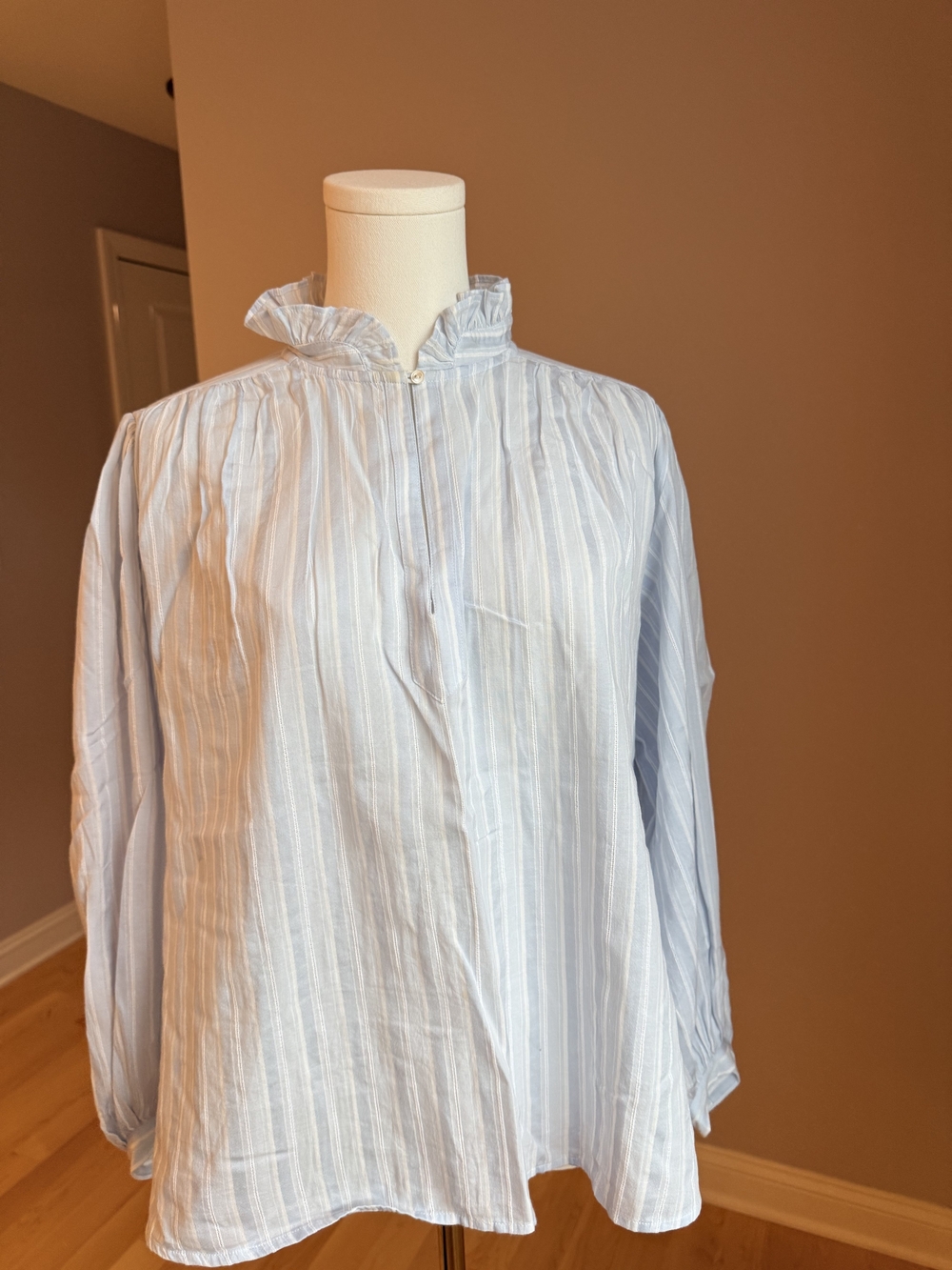 ba&sh Light Blue and White Striped Ruffle Collar Button-Down Shirt